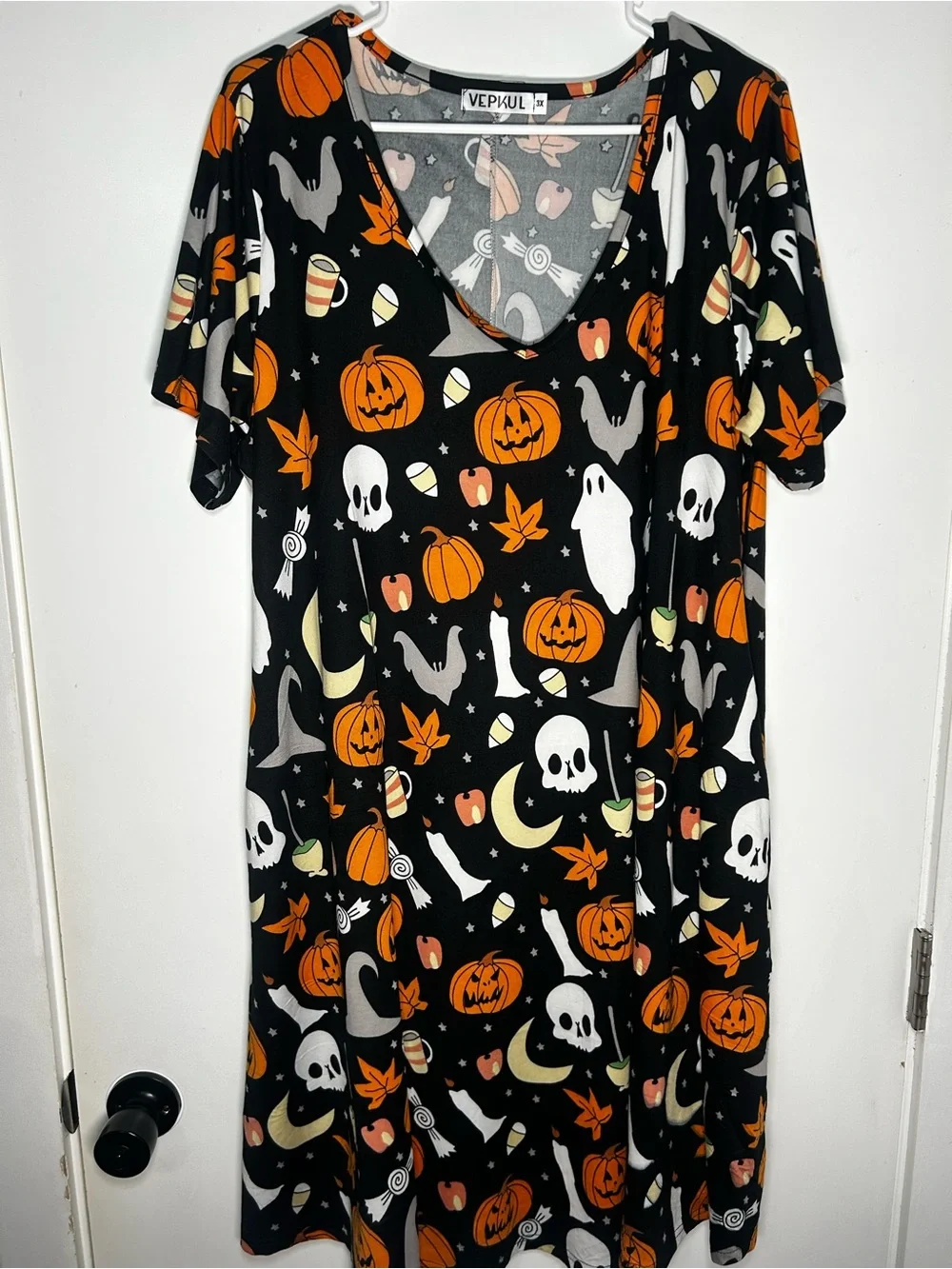 Women's Halloween V-Neck Short Sleeve Pumpkin Ghost Dress